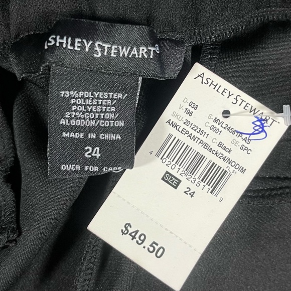 ASHLEY STEWART Black Faux Leather Tuxedo Stripe Pull On Straight Leg Dress Pants - Picture 8 of 8